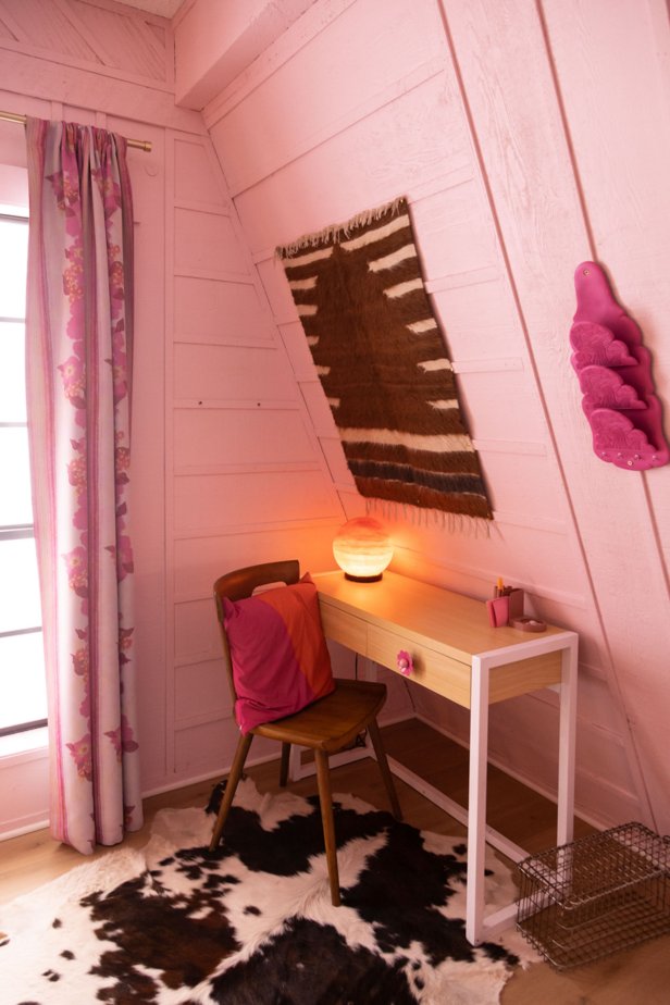 Slim Wooden Desk With Modern Wood Chair and Globe Table Lamp