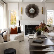 Transitional Living Room With Marble Fireplace
