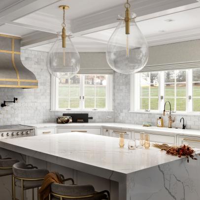White Marble Kitchen With Oversized Pendant Lights 