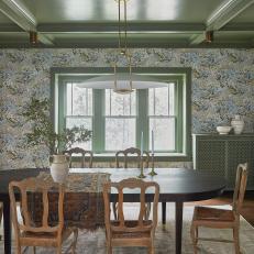 Dining Room With Green Tray Ceiling, Exposed Beams and Floral Wallpaper
