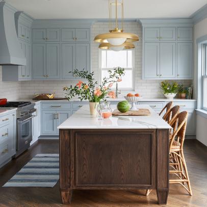 Dark Hardwood Floors in Blue and White Kitchen