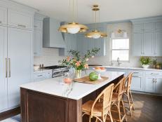 Blue Kitchen Cabinets and Dark Wood Island