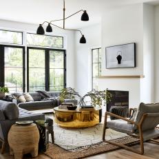 Modern Organic Living Room With Oak Mantel