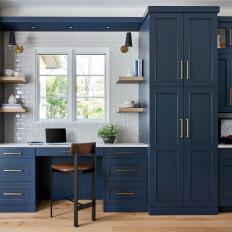 Built-In Desk In Modern Blue Open Plan Kitchen
