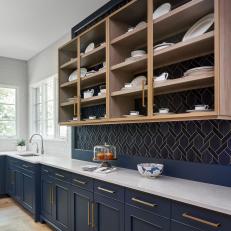 Glass Cabinet Doors In Modern Blue Kitchen