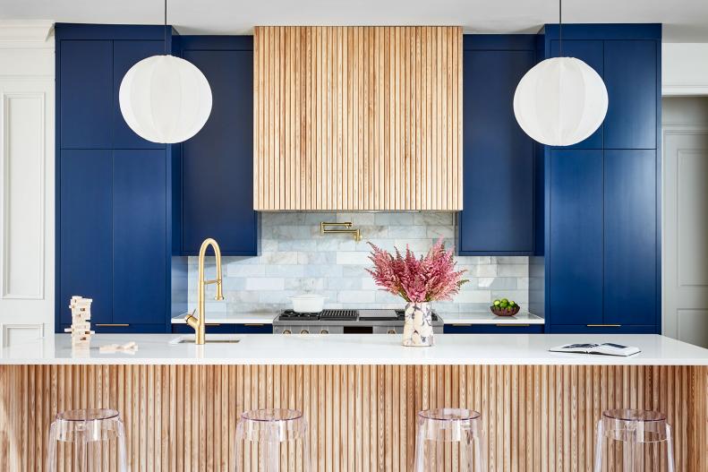 Blue Kitchen With Fluted Wood