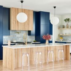 Blue Contemporary Kitchen With Lucite Stools