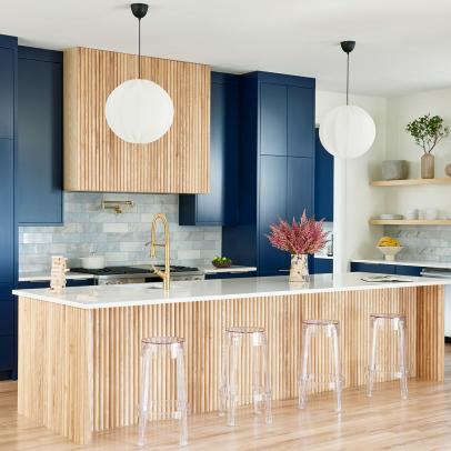 Blue Contemporary Kitchen With Lucite Stools