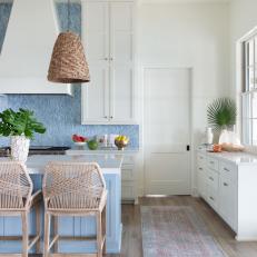 Blue and White Coastal Kitchen With Runner