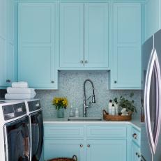 Blue Laundry Room With Yellow Flowers