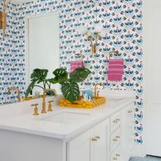Blue Transitional Bathroom With Graphic Wallpaper