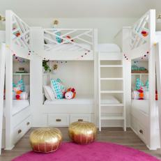 Multicolored Tropical Kids Room With Gold Ottomans
