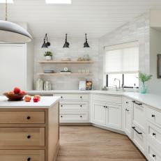 White and Oak Contemporary Kitchen With Subway Tile Accent Wall