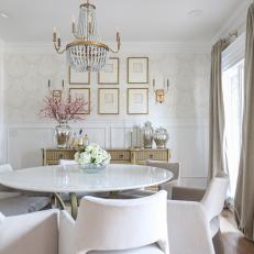 White Transitional Dining Room With Beige Curtains