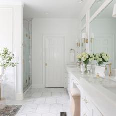 White Transitional Bathroom With Pink Stool