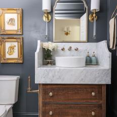 Gray Traditional Powder Room With Tiger Art