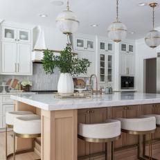 White Transitional Chef Kitchen With Crystal Pendants