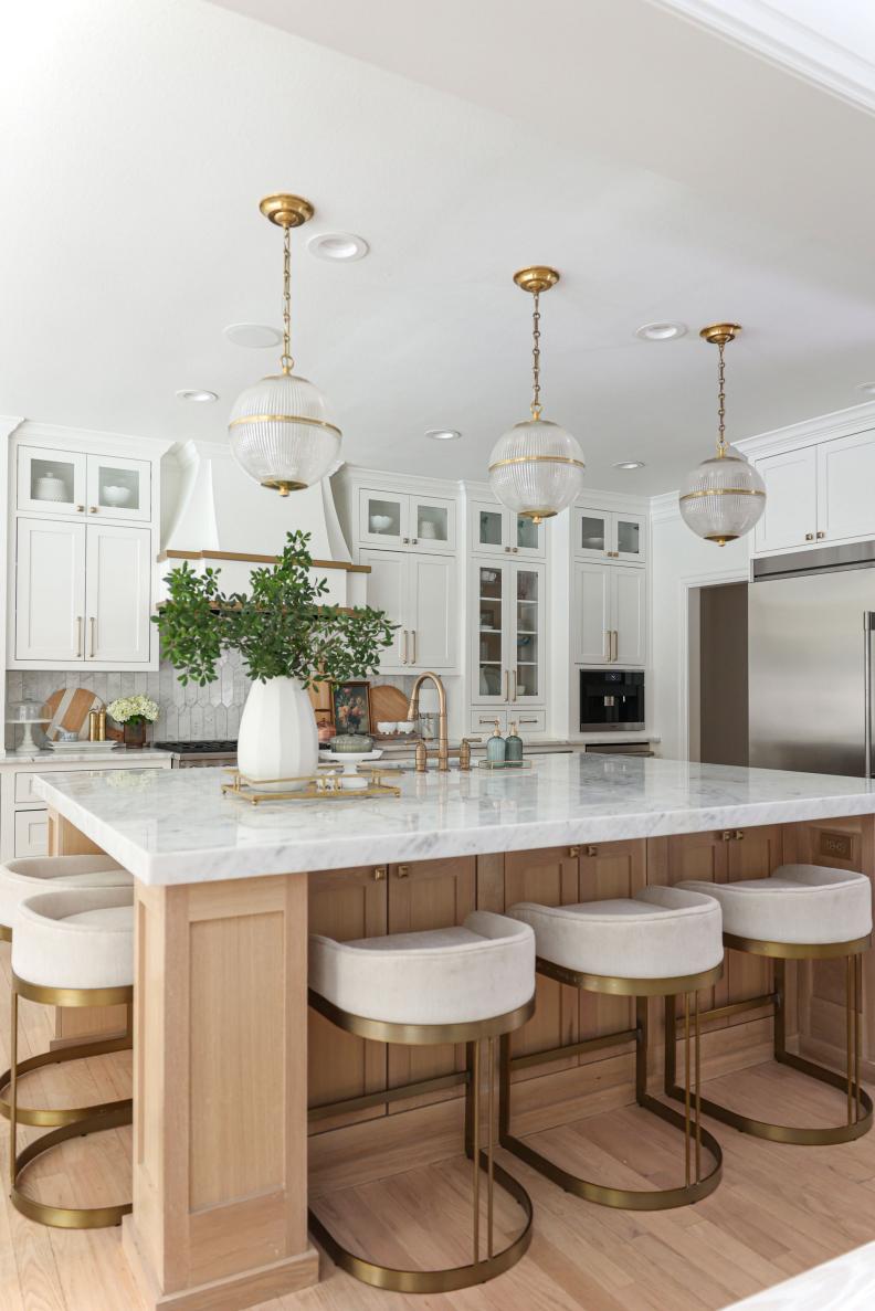 White Chef Kitchen With Crystal Pendants