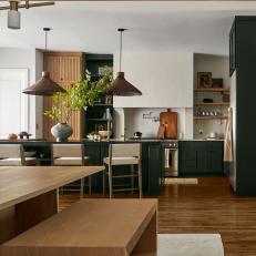 Contemporary Open Plan Kitchen With Brown Pendants