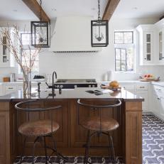 White Transitional Chef Kitchen With Graphic Floor