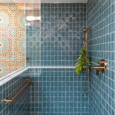 Walk-In Shower With Blue Geometric Tile