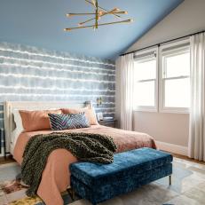 Blue Bedroom With Wallpaper Accent Wall 