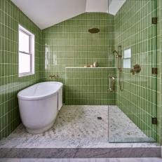 Walk-In Shower With Soaker Tub and Green Tile
