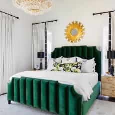 Black and White Bedroom With Emerald Green Bed