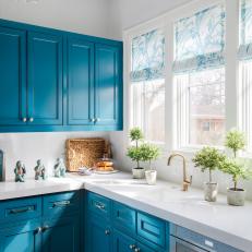 Blue and White Kitchen With Toile Roman Shades