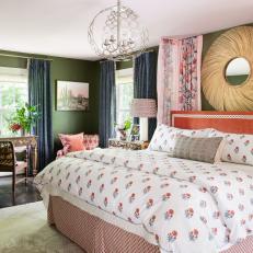 Eclectic Green Bedroom With Pink Ceiling