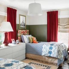Multicolored Eclectic Bedroom With Red Curtains