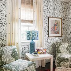 Multicolored Eclectic Sitting Area With Dotted Wallpaper