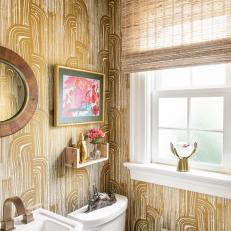 Gold Eclectic Bathroom With Pink Art
