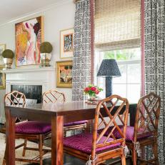 Multicolored Eclectic Dining Room With Purple Chairs