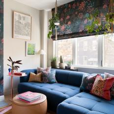 Eclectic Living Room With Large Floral Roman Shade