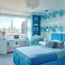 Blue Modern Bedroom With Watercolor-Inspired Wallpaper