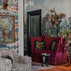 Maximalist Living Room With Victorian Furniture And Bold Wallpaper