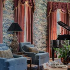 Maximalist Parlor With Bold Wallpaper and Grand Piano