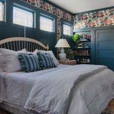 Teal Victorian Bedroom With Floral Wallpaper