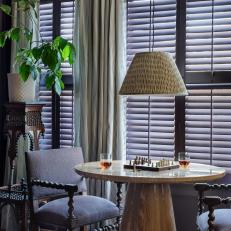 Moody Game Room With Navy Blue Window Shutters