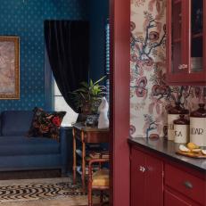 Red Kitchen and Blue Sitting Room in a Victorian Home 