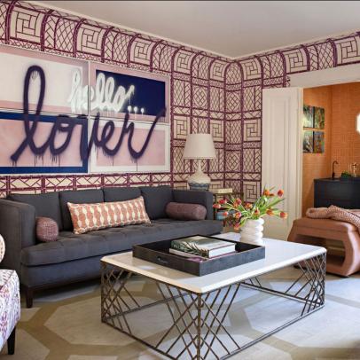 Eclectic Living Room With Purple Wallpaper