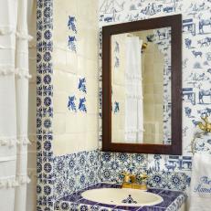 Small Bath With Eclectic Blue Patterns