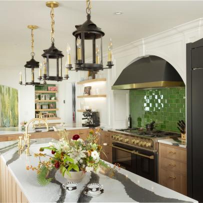 Eclectic White and Green Kitchen With Island