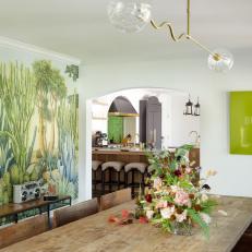 Rustic-Meets-Modern Dining Room With Cactus Print Wallpaper