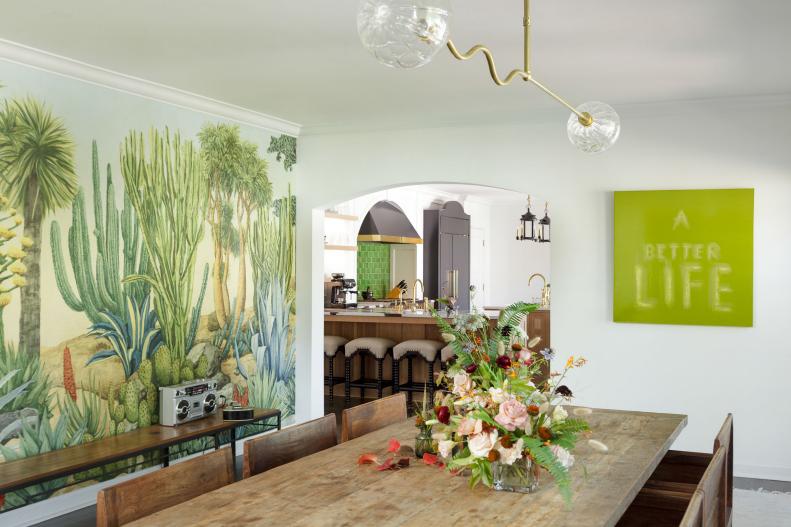 Cactus Wallpaper in Dining Room, Rustic Table and Chairs, Modern Light