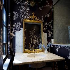Eclectic Bath With Moody Blue Wallpaper