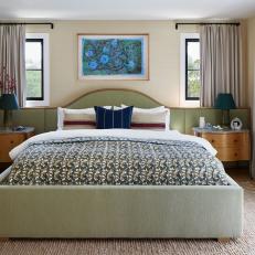 Bedroom with Linen-Colored Walls and Bed With Extra Wide Headboard