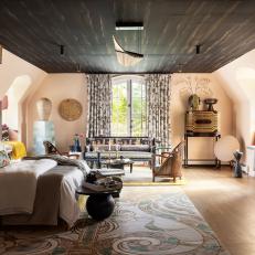 Pink Eclectic Bedroom With Black Ceiling