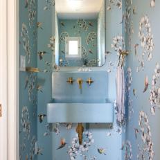Blue Half-Bath With Floral Wallpaper 